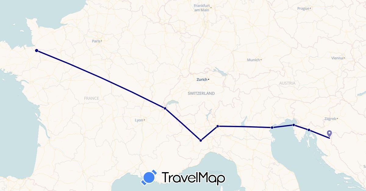 TravelMap itinerary: driving in Switzerland, France, Croatia, Italy, Slovenia (Europe)